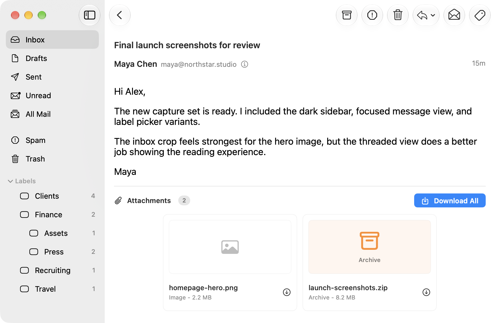 An email in SwiftMail with image and ZIP attachments and download controls