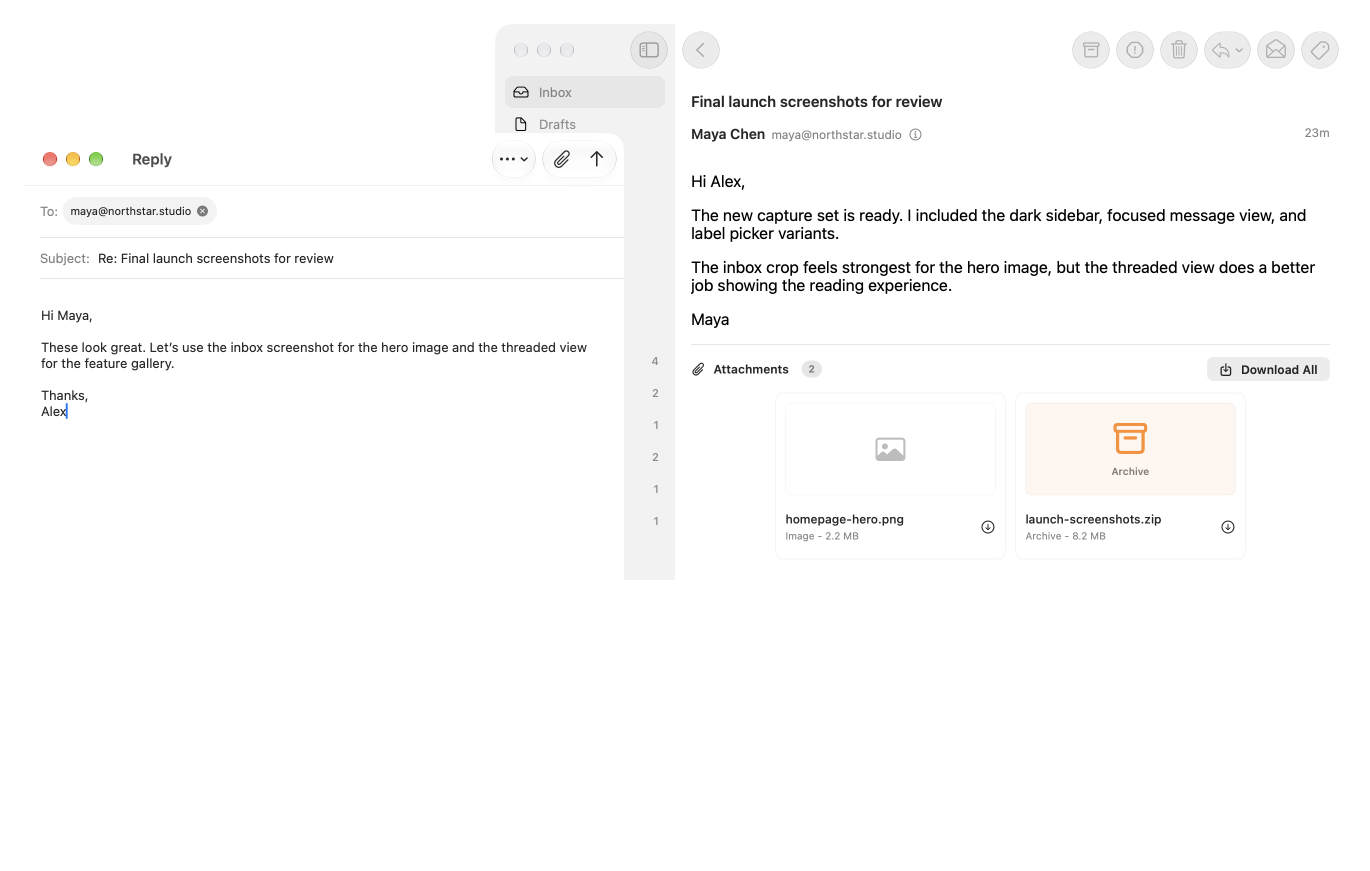 SwiftMail's reply window in front of the main app window showing the original email