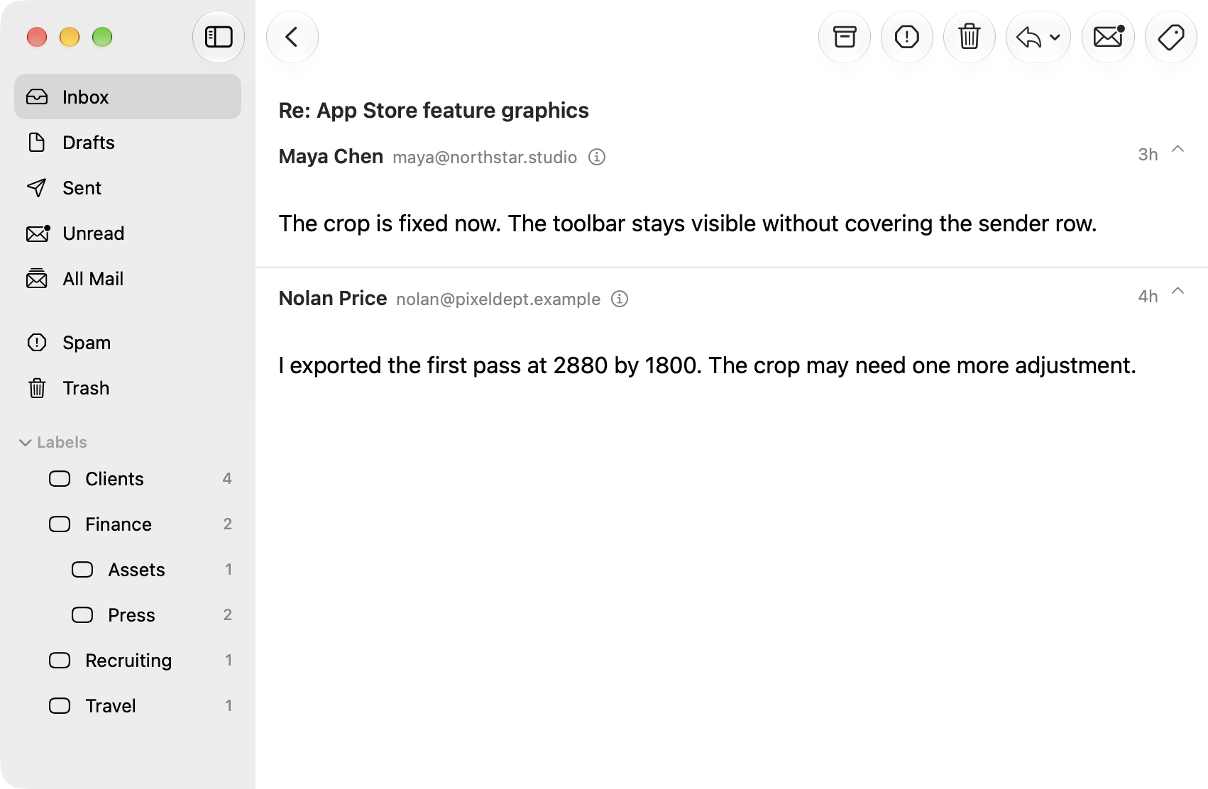 A two-message email conversation in SwiftMail with the message bodies expanded