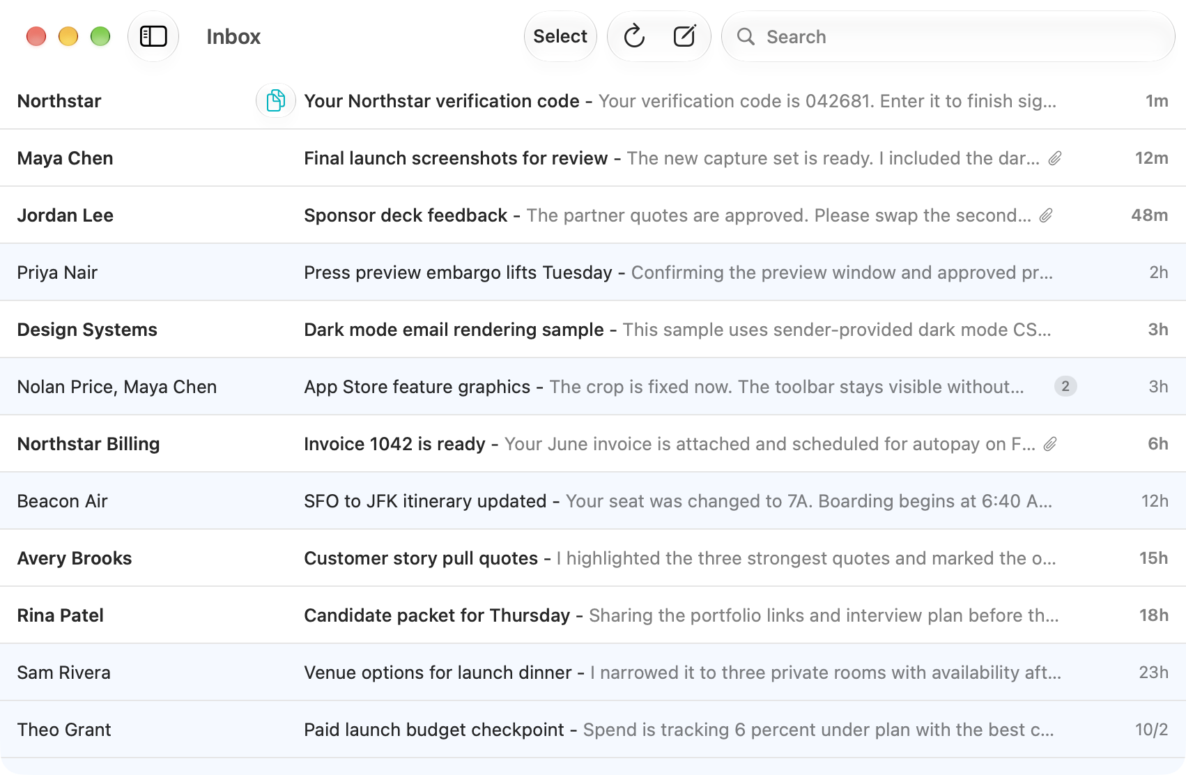 SwiftMail inbox with a Copy Code button beside the Northstar verification email's sender