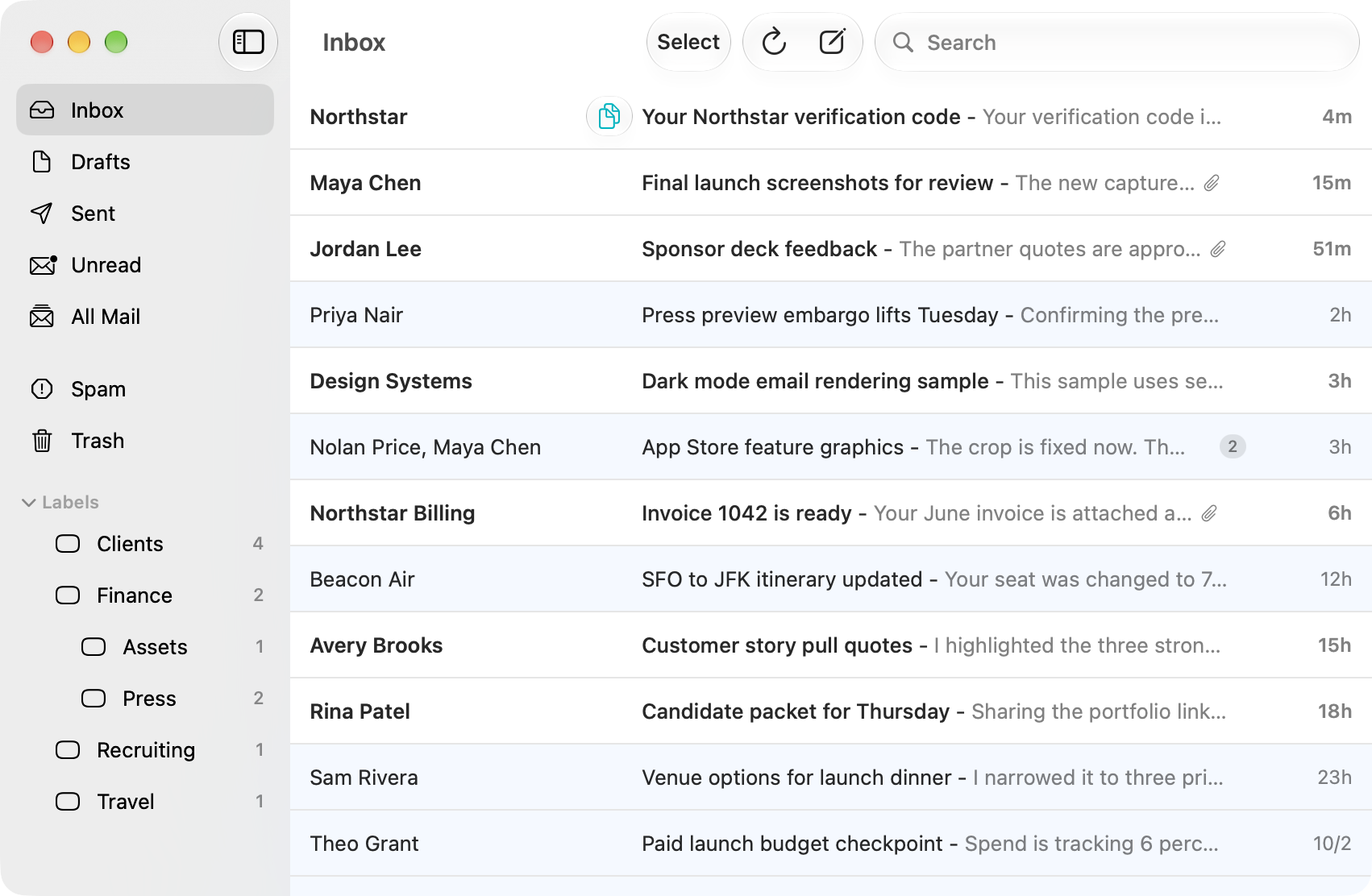 SwiftMail inbox with the sidebar open, showing mail folders and custom labels